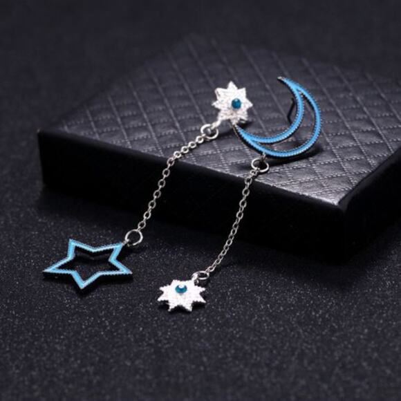 Unique Blue Moon and Star Post Earrings - Picture 1 of 3